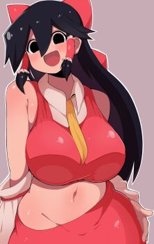 1girl :d absurdres ascot black_eyes black_hair blush bow breasts cookie_(touhou) crop_top detached_sleeves empty_eyes frilled_hair_tubes frills grey_background hair_between_eyes hair_bow hair_tubes hakurei_reimu highres large_breasts long_hair looking_at_viewer madore midriff navel noel_(cookie) open_mouth red_bow red_shirt red_skirt shirt sidelocks simple_background skirt skirt_set sleeveless sleeveless_shirt smile solo touhou upper_body white_sleeves yellow_ascot