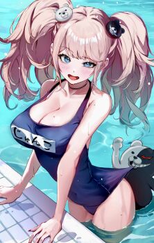 1girl bear_hair_ornament big_hair biting biting_clothes black_choker blonde_hair blue_eyes blush breasts choker cleavage clothes_pull collarbone covered_navel danganronpa_(series) enoshima_junko hair_ornament highres large_breasts long_hair looking_at_viewer monokuma nail_polish name_tag numao_sub old_school_swimsuit one-piece_swimsuit_pull open_mouth poolside red_nails school_swimsuit swimsuit tight_clothes twintails wet