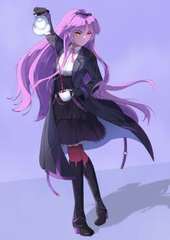 Rule 34 | 1girl, absurdres, black gloves, bolo tie, boots, bow, closed mouth, coat, commentary, corecamilox4, cup, dress, eiyuu densetsu, english commentary, floating clothes, floating hair, full body, gloves, hair bow, hairband, high heel boots, high heels, highres, holding, holding cup, holding teapot, kuro no kiseki (series), kuro no kiseki i, long hair, looking at viewer, open clothes, open coat, parted bangs, pouring, purple background, purple hair, renne (eiyuu densetsu), shadow, simple background, smile, solo, teacup, teapot, two-tone background, very long hair, yellow eyes