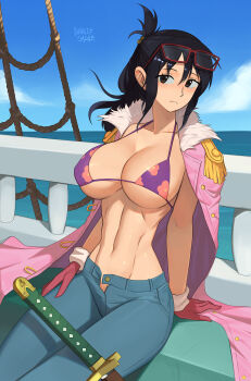 1girl :&lt; artist_name barleyshake bikini bikini_top_only black_hair breasts closed_mouth cloud collarbone eyewear_on_head feet_out_of_frame female_focus floral_print glasses_on_head gloves hair_bobbles hair_ornament highres horizon jacket jacket_on_shoulders katana large_breasts long_hair navel ocean one_piece outdoors pants pink_gloves pink_jacket purple_bikini red-framed_eyewear rope sidelocks signature sitting sky swimsuit sword tashigi unbuttoned unbuttoned_pants water weapon