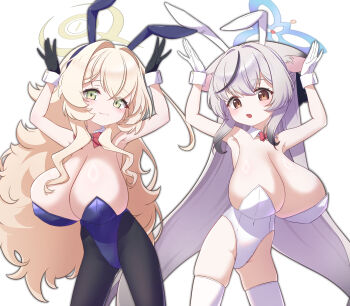 2girls :3 absurdres alternate_breast_size_(larger) animal_ear_fluff animal_ear_hairband animal_ears armpits arms_up black_gloves black_hair black_pantyhose blonde_hair blue_archive blue_halo blue_leotard blush bow bowtie breasts brown_eyes closed_mouth commentary_request covered_navel detached_collar fake_animal_ears gloves gnoet gradient_hair green_eyes grey_hair hairband halo highleg highleg_leotard highres huge_breasts kokona_(blue_archive) leotard long_hair looking_at_viewer multicolored_hair multiple_girls open_mouth oppai_loli pantyhose playboy_bunny professor_niyaniya_(blue_archive) rabbit_ear_hairband rabbit_ears rabbit_pose red_bow red_bowtie simple_background strapless strapless_leotard streaked_hair thighhighs very_long_hair wavy_hair white_background white_gloves white_leotard white_thighhighs white_wrist_cuffs wrist_cuffs yellow_halo