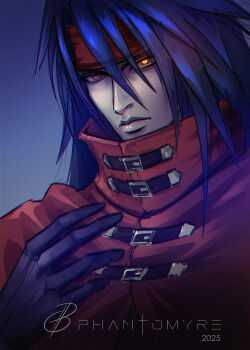 1boy 2025 artist_name belt_buckle black_gloves black_hair buckle cloak closed_mouth commentary english_commentary final_fantasy final_fantasy_vii final_fantasy_vii_rebirth final_fantasy_vii_remake gloves gradient_background green_eyes hair_between_eyes hashtag-only_commentary headband heterochromia highres lips long_hair looking_at_viewer male_focus phantomyre red_cloak red_eyes red_headband signature solo spiked_hair upper_body vincent_valentine yellow_eyes