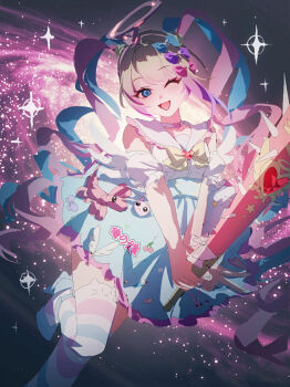 1girl absurdres animal_ear_legwear bare_shoulders baseball_bat blonde_hair blue_bow blue_eyes blue_hair blue_serafuku blue_shoes bow cat_ear_legwear choker chouzetsusaikawa_tenshi-chan chouzetsusaikawa_tenshi-chan_(magical_girl) collar commentary cute_weapon frilled_collar frills galaxy hair_bow hair_ornament halo heart highres holding holding_baseball_bat junpaku_karen long_hair long_sleeves looking_at_viewer mini_wings multicolored_hair multiple_hair_bows needy_girl_overdose one_eye_closed open_mouth pink_bow pink_hair purple_bow sailor_collar school_uniform serafuku shoes skirt smile solo spikes striped_clothes striped_thighhighs thighhighs twintails unfinished universe weapon white_choker white_sailor_collar wings