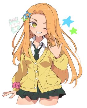1girl \m/ blush cardigan chimumu chimumu_(hamster) collared_shirt commentary_request cowboy_shot cropped_legs green_necktie green_skirt grin gyaru hair_ornament hamster hand_up highres long_hair long_sleeves looking_at_viewer miniskirt necktie nojima_minami one_eye_closed open_mouth orange_hair pink_scrunchie pleated_skirt pretty_series school_uniform scrunchie shirt skirt smile standing star_(symbol) star_hair_ornament tan waccha_primagi! white_background white_shirt wrist_scrunchie yayoi_hina yellow_cardigan yellow_eyes