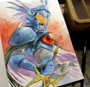 Rule 34 | 1boy, agahari, armor, art brush, art tools in frame, belt, black cape, blue armor, blue belt, blue gloves, breastplate, cape, closed mouth, commentary request, couter, cowboy shot, dark-skinned male, dark skin, galden (ryuu knight), gloves, green eyes, grey shirt, haou taikei ryuu knight, helmet, holding, holding sword, holding weapon, looking at viewer, looking to the side, male focus, paintbrush, painting (medium), pauldrons, pelvic curtain, photo (medium), purple cape, shirt, short hair, shoulder armor, smile, solo, spiked hair, standing, sword, traditional media, two-sided cape, two-sided fabric, weapon, white hair, wimple