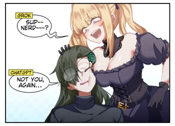 Rule 34 | 2girls, ani (xai), annoyed, asymmetrical bangs, at2., bare shoulders, black collar, black dress, black gloves, black shirt, blonde hair, blue eyes, blush, border, breast press, breasts, chatgpt, cheek-to-breast, cleavage, collar, commentary, dress, english commentary, english text, eyes visible through hair, glasses, gloves, green hair, hair ornament, hair over one eye, large breasts, logo, logo hair ornament, long hair, looking at another, merryweather, multiple girls, off-shoulder dress, off shoulder, one eye closed, open mouth, round eyewear, shirt, simple background, smile, speech bubble, talking, twintails, white background, white border, xai (company)