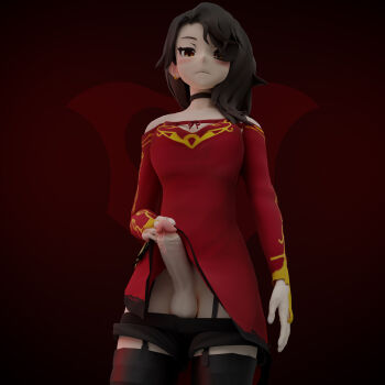 1futa 3d absurdres bare_shoulders black_hair blush breasts choker cinder_fall clothes_pull dress erection eye_contact from_below futanari highres just_hopeless_baka large_penis looking_at_another looking_at_viewer looking_down medium_breasts medium_hair penis pov red_dress red_eyes rwby shorts shorts_pull solo testicles