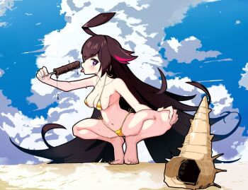 1girl ahoge beach bikini blue_sky breasts brown_hair cameltoe cleavage cloud cloudy_sky commentary_request dapiko_(duel_masters) dentosaginuma duel_masters duel_masters_play's food gold_bikini hand_on_own_knee heart heart_in_eye holding holding_food holding_popsicle huge_ahoge long_hair melting_popsicle multicolored_hair open_mouth outdoors popsicle purple_eyes red_hair sexually_suggestive shell sky solo spread_legs swimsuit symbol_in_eye tongue tongue_out