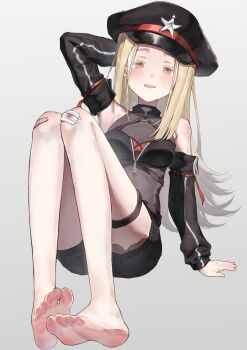 1girl absurdres arm_behind_head arm_belt arm_support arm_up armpits bandage_on_knee bandages bandaid bandaid_on_knee bandaid_on_leg barefoot belt black_belt black_bra black_hat black_shorts black_sleeves blonde_hair blood bloody_bandages blush bra breasts colored_eyelashes commentary_request crane666 detached_sleeves earrings feet flipped_hair gakuen_idolmaster gradient_hair grey_background grey_hair halterneck hat highres idolmaster jewelry knees_up legs long_hair looking_at_viewer multicolored_hair open_mouth orange_eyes peaked_cap red_belt see-through_clothes see-through_shirt shinosawa_hiro shirt shorts simple_background sitting sleeveless sleeveless_shirt small_breasts soles solo star_(symbol) stud_earrings thigh_strap toes underwear very_long_hair zipper zipper_pull_tab