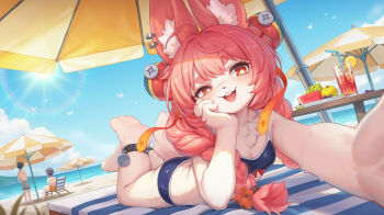 1boy 2girls absurdres alternate_costume animal_ear_fluff animal_ear_piercing animal_ears anklet apple ass bare_shoulders barefoot beach beach_umbrella belle_(summer_skies)_(zenless_zone_zero) belle_(zenless_zone_zero) bikini bird blue_bikini blue_sky breasts bucket_hat cleavage cloud commentary_request drinking_straw elbow_rest fish_hat food fruit grapes half-closed_eye hat highres jewelry lying multiple_girls official_alternate_costume on_stomach open_mouth outdoors plate recording sand sky small_breasts sun sweat swimsuit umbrella watermelon watermelon_slice white_bird wise_(peaceful_waves)_(zenless_zone_zero) wise_(zenless_zone_zero) xmfranz zenless_zone_zero zhao_(zenless_zone_zero)