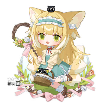 1girl :d animal_ears arknights basket black_cat blonde_hair blue_hairband blue_skirt bobby_socks brown_shoes cardigan cat character_name chibi creature_on_head cross-laced_clothes cross-laced_skirt crossover fox_ears fox_girl fox_tail frilled_hairband frills full_body green_eyes hairband heixiu highres holding holding_basket holding_staff kitsune kyuubi long_hair long_sleeves luo_xiaohei luo_xiaohei_(cat) luo_xiaohei_zhanji multiple_tails neck_ribbon official_alternate_costume open_mouth puffy_long_sleeves puffy_sleeves red_ribbon ribbon shirt shoes skirt smile socks staff suzuran_(arknights) suzuran_(spring_praise)_(arknights) tail teeth upper_teeth_only white_shirt white_socks yellow_cardigan yi_zhi_zhangyu_yu