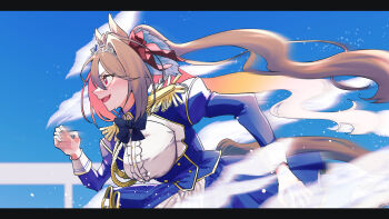 Rule 34 | 1girl, animal ears, blue bow, blue sky, bow, breasts, brown hair, center frills, commentary request, daiwa scarlet (peak blue) (umamusume), daiwa scarlet (umamusume), epaulettes, fang, frills, highres, horse ears, horse girl, letterboxed, long hair, long sleeves, looking ahead, red eyes, running, skin fang, sky, solo, tiara, tsukasa (klx230), twintails, umamusume