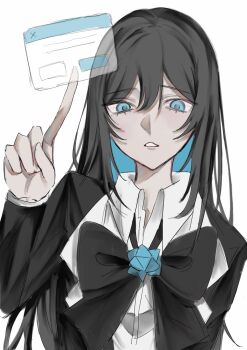 1girl ado_(utaite) black_bow black_bowtie black_coat black_hair blue_eyes blue_hair bow bowtie chando_(ado) coat collared_shirt colored_inner_hair dialogue_box hair_between_eyes highres long_hair long_sleeves mole mole_under_eye multicolored_hair open_mouth pipipi_co_co shirt simple_background solo upper_body utaite white_background