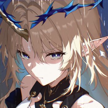 1girl ama_(pixiv24262513) angry blonde_hair blue_eyes cartethyia_(wuthering_waves) close-up closed_mouth commentary_request highres long_hair looking_at_viewer pointy_ears rain solo wuthering_waves