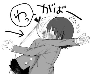 2girls blush glomp greyscale hair_ribbon hanabi_(yuruneko0624) highres hug kill_me_baby long_hair monochrome multiple_girls necktie open_mouth oribe_yasuna ribbon school_uniform short_hair skirt sonya_(kill_me_baby) translation_request twintails yuri