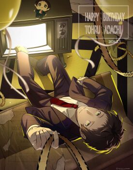 1boy absurdres adachi_tooru brown_hair character_doll character_name closed_mouth couch crt doll from_above frown grey_pants happy_birthday hashtag-only_commentary highres itsumiruka jacket layered_sleeves long_sleeves looking_at_viewer looking_up male_focus necktie open_clothes open_jacket pants persona persona_4 red_necktie shirt shoes short_hair solo streamers suit_jacket white_shirt