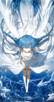 Rule 34 | 1girl, absurdres, ahoge, armlet, bare arms, bare legs, bare shoulders, barefoot, bird, bird wings, blue hair, bracelet, braid, braided twintails, breasts, breasts apart, chinese commentary, closed eyes, collarbone, commentary request, crossed bangs, dress, falling feathers, feathers, floating hair, full body, gold armlet, gold bracelet, gold thighlet, hair between eyes, highres, jewelry, long hair, low twintails, mushoku tensei, ripples, roxy migurdia, small breasts, smile, solo, standing, standing on liquid, thigh gap, thighlet, twin braids, twintails, very long hair, water, white bird, white dress, white feathers, white wings, wings, yisjhui