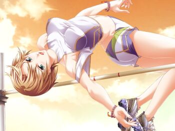 1girl arched_back bare_legs breasts brown_hair censored cloud collarbone crop_top game_cg green_eyes guilty gym_shorts hair_between_eyes high_jump inui_ayane medium_breasts midriff mosaic_censoring orange_sky outdoors running_shoes short_hair shorts sky solo toriko_hime yoshizawa_tomoaki