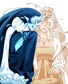 07_-_zero_seven 1boy 1girl blue_eyes blue_hair blue_skin chinese_clothes colored_skin commentary_request cookie_run cookie_run:_kingdom diamond_(gemstone) highres jester korean_commentary long_sleeves looking_at_viewer mystic_flour_cookie pale_skin robe shadow_milk_cookie veil white_hair white_robe white_veil wide_sleeves