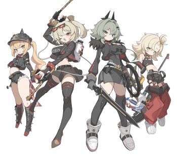 Rule 34 | 4girls, absurdres, baseball bat, belt, black belt, black helmet, black horns, black jacket, black shorts, black skirt, black thighhighs, black tube top, blonde hair, boots, breasts, burnice white, caesar king (zenless zone zero), choker, combat helmet, crop top, cutoffs, detached pants, flamethrower, fur-trimmed jacket, fur trim, gloves, green eyes, green hair, grey belt, hair intakes, half gloves, helmet, highres, holding, holding baseball bat, holding flamethrower, holding shield, holding sword, holding weapon, horns, jacket, knee boots, large breasts, looking at viewer, luciana de montefio, mask, mask around neck, metal baseball bat, midriff, multiple girls, one eye closed, open mouth, pants, pickelhaube, piper wheel, qusouzu mogari, red-tinted eyewear, red choker, red pants, shield, shorts, simple background, skirt, small breasts, strapless, sword, thighhighs, tinted eyewear, tube top, weapon, white background, white footwear, yellow gloves, zenless zone zero