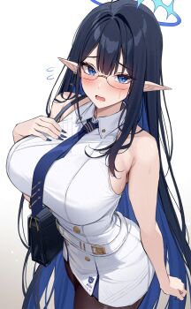 1girl adversarial_noise bag bare_arms bare_shoulders black_bag black_hair black_pantyhose blue_archive blue_eyes blue_halo blue_necktie blush breasts colored_inner_hair commentary_request dress glasses halo hand_on_own_chest highres holding holding_bag large_breasts long_hair looking_at_viewer multicolored_hair necktie open_mouth pantyhose pointy_ears rin_(blue_archive) sidelocks sleeveless sleeveless_dress sweat textless_version two-tone_hair xe_(execut3r)
