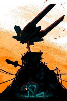 1girl aamakuruu artist_name bent_over bodysuit cable commentary crying decker_(zeroranger) dithering earrings hands_on_ground highres ikaruga jewelry mido_(zeroranger) monument on_one_knee orange_sky outdoors pixel_art scaffolding scene_reference short_hair sky solo spacecraft sphere_earrings vehicle_focus wide_shot wind zeroranger