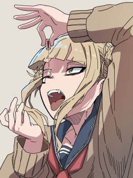 1girl absurdres blonde_hair blunt_bangs boku_no_hero_academia cardigan double_bun fangs hair_bun hanten_(hantennano) highres messy_hair open_mouth school_uniform serafuku sidelocks solo toga_himiko yellow_eyes