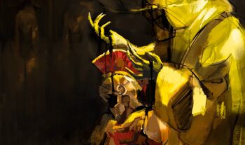 2others armor claws cloak d3rlord3 faceless from_side galea_helmet hands_up helmet highres hood hood_up hooded_cloak knight multiple_others niy0ki painterly red_cloak searching_for_a_world_that_doesn&#039;t_exist the_king_in_yellow_(searching_for_a_world_that_doesn&#039;t_exist) yellow_cloak