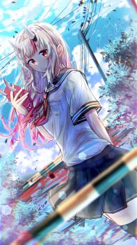 1girl absurdres alternate_costume black_sailor_collar black_thighhighs closed_mouth commentary gradient_hair grey_hair highres holding holding_mask hololive horns long_hair looking_at_viewer mask multicolored_hair nakiri_ayame neckerchief oni_mask outdoors red_eyes red_hair red_neckerchief red_streaks sailor_collar school_uniform shirt skin-covered_horns solo streaked_hair thighhighs u_da_desu virtual_youtuber white_shirt