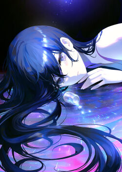 1girl absurdres blue_hair completely_nude crying crying_with_eyes_open hibiwa highres jar long_hair looking_at_viewer lying nude on_stomach original pale_skin parted_lips purple_eyes solo star_(symbol) tears upper_body very_long_hair
