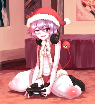 1girl alternate_costume black_socks blush controller eyeball hair_between_eyes hat headphones headphones_around_neck highres knee_blush komeiji_satori navel open_clothes open_mouth open_vest purple_eyes purple_hair santa_costume santa_hat santa_panties short_hair shoulder_blush socks solo sunnysideup teeth textless_version third_eye touhou upper_teeth_only vest