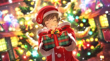 Rule 34 | 1boy, artist request, brown gloves, brown hair, christmas, christmas lights, christmas ornaments, christmas present, christmas tree, closed eyes, earrings, feather earrings, feathers, game cg, gift, gloves, hat, highres, holding, house, incoming gift, jewelry, night, official alternate costume, official art, orange feathers, outdoors, ribbon, road, santa costume, santa hat, short hair, smile, solo, sorey (tales), street, tales of (series), tales of crestoria, tales of zestiria, third-party source