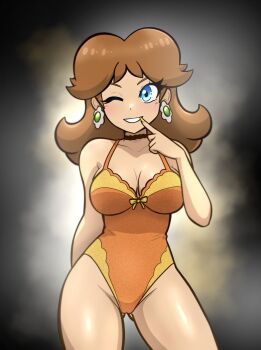 bare_shoulders blush breasts brown_hair earrings gluteal_fold jewelry large_breasts leotard lingerie mario_(series) muis0802 nintendo one_eye_closed princess_daisy sleeveless teeth underwear