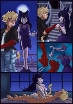 1boy 1girl bed black_hair blake_belladonna breasts cleavage dress geist_(rwby) grimm_(rwby) grin high_heels nipples nude possessed possession rwby sagabel sex skinsuit smile sun_wukong_(rwby) undressing