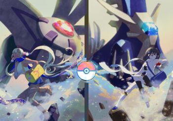 2girls absurdres blonde_hair blue_hair breasts color_connection cosplay daraa dark-skinned_female dark_skin dawn_(pokemon) dawn_(pokemon)_(cosplay) dialga gen_4_pokemon hair_intakes highres holding holding_poke_ball hololive hololive_english large_breasts legendary_pokemon light_brown_hair limiter_(tsukumo_sana) long_hair multiple_girls nintendo ouro_kronii palkia poke_ball poke_ball_(basic) pokemon pokemon_dppt power_connection short_hair split_screen trait_connection tsukumo_sana twintails very_long_hair virtual_youtuber yellow_eyes