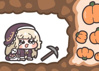 1girl black_coif black_dress black_eyes blonde_hair blush chibi chibi_only digging_for_diamonds_(meme) dress full_body hashtag-only_commentary l4ttekim long_hair long_sleeves meme open_mouth pickaxe pumpkin skull solo speaki_(trickcal) tearing_up thighhighs trickcal white_thighhighs