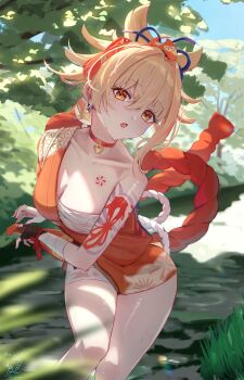 1girl absurdres arm_tattoo bandaged_arm bandaged_leg bandages blonde_hair breasts chest_sarashi choker cleavage commentary_request genshin_impact hair_between_eyes hand_wraps highres looking_at_viewer open_mouth orange_choker outdoors sarashi sazanami_(re_n_rentaro) short_hair single_bare_shoulder solo standing tattoo tongue wet wet_clothes yoimiya_(genshin_impact)