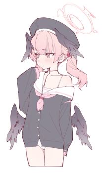 1girl beret black_hat black_wings blue_archive blush feathered_wings halo hand_up hat head_wings highres jacket jacket_partially_removed koharu_(blue_archive) long_hair long_sleeves looking_to_the_side low_wings neckerchief no_pants panties pink_eyes pink_hair pink_halo pink_neckerchief rakugaki_ningen sailor_collar simple_background sleeves_past_fingers sleeves_past_wrists solo standing twintails underwear white_background white_panties wings