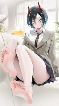 Rule 34 | 1girl, absurdres, azur lane, barefoot, black hair, black panties, blush, buko (bukosuki), couch, feet, gradient hair, highres, looking at viewer, medium hair, multicolored hair, necktie, panties, pantyshot, soles, toes, ulrich von hutten (azur lane), underwear, yellow eyes