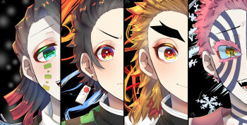 Rule 34 | 4boys, akaza (kimetsu no yaiba), asymmetrical bangs, black background, black hair, black jacket, blonde hair, checkered clothes, checkered kimono, closed mouth, colored eyelashes, colored tips, column lineup, commentary request, curtained hair, demon boy, demon slayer uniform, earrings, enmu (kimetsu no yaiba), facial mark, facial tattoo, fang, fangs, fire, floating clothes, furrowed brow, green eyes, hair slicked back, highres, jacket, japanese clothes, jewelry, kamado tanjirou, kimetsu no yaiba, kimono, looking at viewer, medium hair, multicolored hair, multiple boys, neck tattoo, ofuda earrings, open mouth, red eyes, red hair, red vest, rengoku kyoujurou, serious, short hair, signature, smile, snowflake background, snowing, spiked hair, split crop, straight-on, symbol-shaped pupils, tattoo, tears facial mark, teeth, thick eyebrows, trap, turtleneck, undershirt, upper teeth only, v-shaped eyebrows, variant set, vest, water, wide-eyed, yuino968
