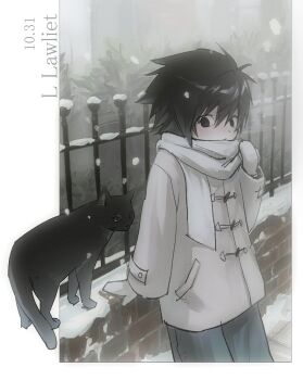 1boy aged_down black_cat black_eyes black_hair border brick_wall cat character_name child coat cowboy_shot dated death_note fence gamppan9 grey_pants hair_between_eyes hashtag-only_commentary highres iron_fence l_(death_note) male_focus mittens no_eyebrows pants scarf short_hair snow snowing white_border white_coat white_mittens white_scarf winter winter_clothes winter_coat