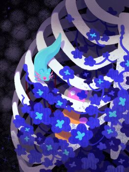 axolotl_ears beco_(100me) blue_skin bone chinese_commentary colored_sclera colored_skin commentary_request creature five_pebbles giant_skeleton grey_background highres iterator_(rain_world) no_humans pink_eyes pink_sclera rain_world ribs rivulet_(rain_world) robot rot_(rain_world) slugcat