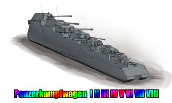 absurdres aoi_waffle autocannon cannon caterpillar_tracks gun highres howitzer lowe_(tank) machine_gun maus_(tank) military_vehicle motor_vehicle no_humans original panther_(tank) panzer_i panzer_ii panzer_iii panzer_iv maus_(tank) parody shadow tank tank_turret tiger_i turret weapon what