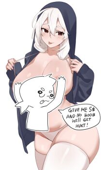 ahoge areola_slip blue_jacket blush breasts breasts_out brown_eyes censored character_censor commentary english_commentary english_text glasses hood hooded_jacket huge_breasts iwbitu jacket novelty_censor nyopu open_clothes open_jacket original panties speech_bubble thighhighs tongue tongue_out underwear white_background white_hair white_panties white_thighhighs