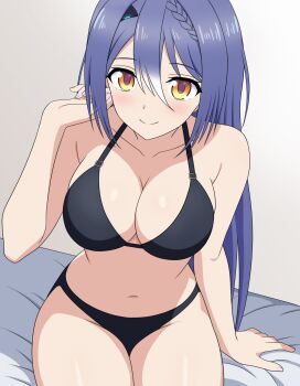 1girl aogiri_koukou arm_at_side arm_support black_bra black_panties bra braid breasts center-flap_bangs closed_mouth collarbone commentary_request cowboy_shot etra_(icetea) from_above gradient_eyes grey_background hair_between_eyes hand_up highres large_breasts long_bangs long_hair looking_at_viewer looking_up multicolored_eyes navel on_bed panties purple_hair simple_background sitting smile solo split_mouth straight_hair take_zenni_chikuzenni underwear underwear_only virtual_youtuber