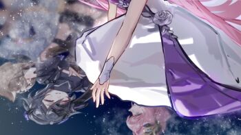 3girls animal_ears black_gloves black_shrug blue_eyes brown_hair cat_ears cat_girl chinese_commentary commentary_request dress elysia_(honkai_impact) elysia_(miss_pink_elf)_(honkai_impact) fu_hua fu_hua_(shadow_knight) gloves grey_hair hair_ornament highres honkai_(series) honkai_impact_3rd long_hair multiple_girls pardofelis pink_hair procreate_(medium) reflection reflective_liquid seawave02974 shrug_(clothing) smile very_long_hair white_dress