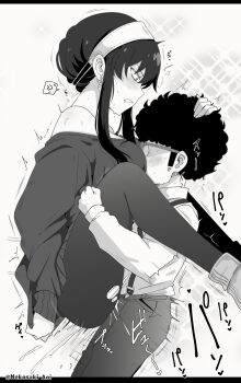 1boy 1girl between_breasts black_hair black_pantyhose blush breasts carrying carrying_person clothed_sex commentary_request cum cum_in_pussy dress earrings face_between_breasts franky_franklin from_behind from_side hairband hand_on_another's_head hanging_legs head_between_breasts height_difference hetero highres jewelry leg_grab lifting_person long_sleeves monochrome nekosaki netorare off-shoulder_sweater off_shoulder pantyhose profile sex sidelocks spy_x_family suspended_congress suspenders sweater sweater_dress torn_clothes torn_pantyhose vaginal white_hairband yor_briar