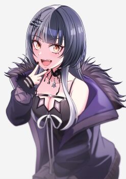 1girl black_choker black_coat black_dress black_hair black_nails breasts choker cleavage coat debi dress fur-trimmed_coat fur_trim grey_hair highres hololive hololive_english large_breasts long_hair looking_at_viewer multicolored_hair open_mouth purple_coat ribbon shiori_novella shiori_novella_(1st_costume) solo split-color_hair teeth two-sided_coat two-sided_fabric two-tone_hair upper_teeth_only v virtual_youtuber white_ribbon yellow_eyes