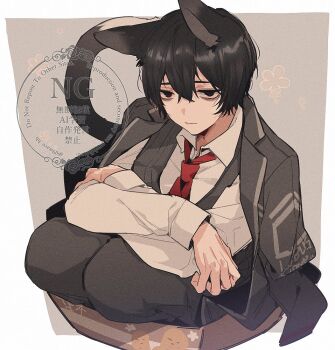 09wave_hb 1boy animal_ears black_hair black_jacket border collared_shirt commentary_request double-parted_bangs grey_background hair_between_eyes jacket jacket_on_shoulders kemonomimi_mode limbus_company looking_ahead male_focus necktie outside_border project_moon red_necktie shirt short_hair sitting solo watermark white_border white_shirt yi_sang_(project_moon)