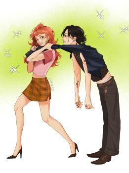 Rule 34 | 2girls, arm tattoo, artist name, be my angel, belt, black hair, black pants, black shirt, black shoes, blue shirt, brown belt, brown hair, brown skirt, carabiner, clothes grab, commentary, earrings, ehpikke, english commentary, eye contact, full body, hair bun, high heels, highres, holding, holding shirt, holding unworn clothes, hoop earrings, jewelry, kininatteru hito ga otoko ja nakatta, koga mitsuki, leaning forward, long hair, looking at another, midriff peek, miniskirt, multiple girls, multiple rings, oosawa aya, pants, parody, pink shirt, plaid clothes, plaid shirt, plaid skirt, ring, shirt, shoes, short sleeves, single hair bun, skirt, sleeves tied together, smile, sparkle, star (symbol), star tattoo, t-shirt, tattoo, unworn shirt